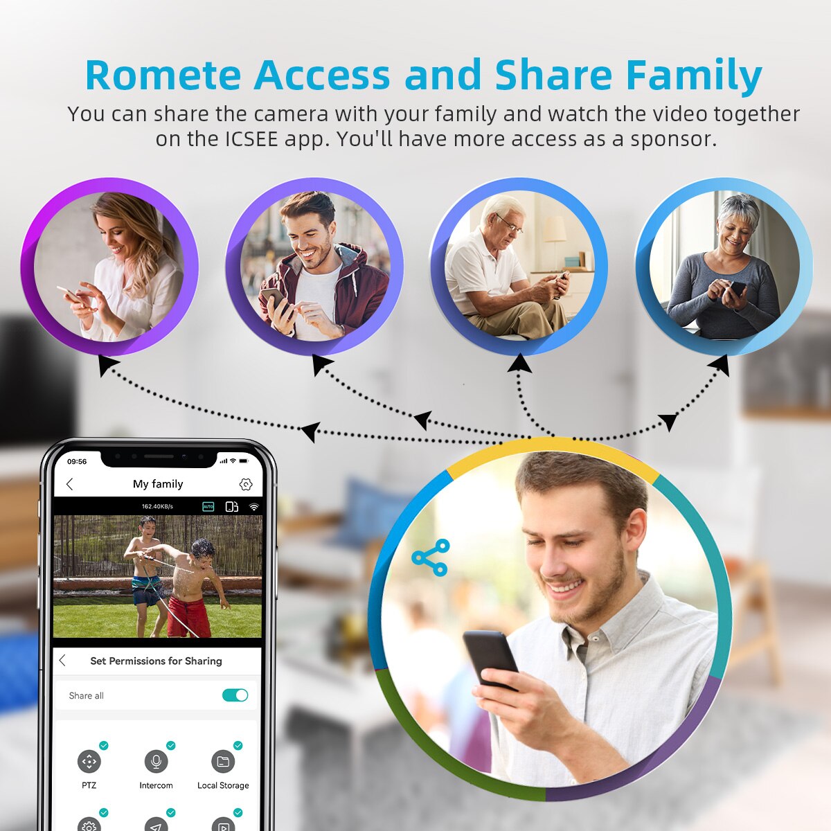 4MP PTZ Solar Camera, Romete Access and Share Family You'll have more access as