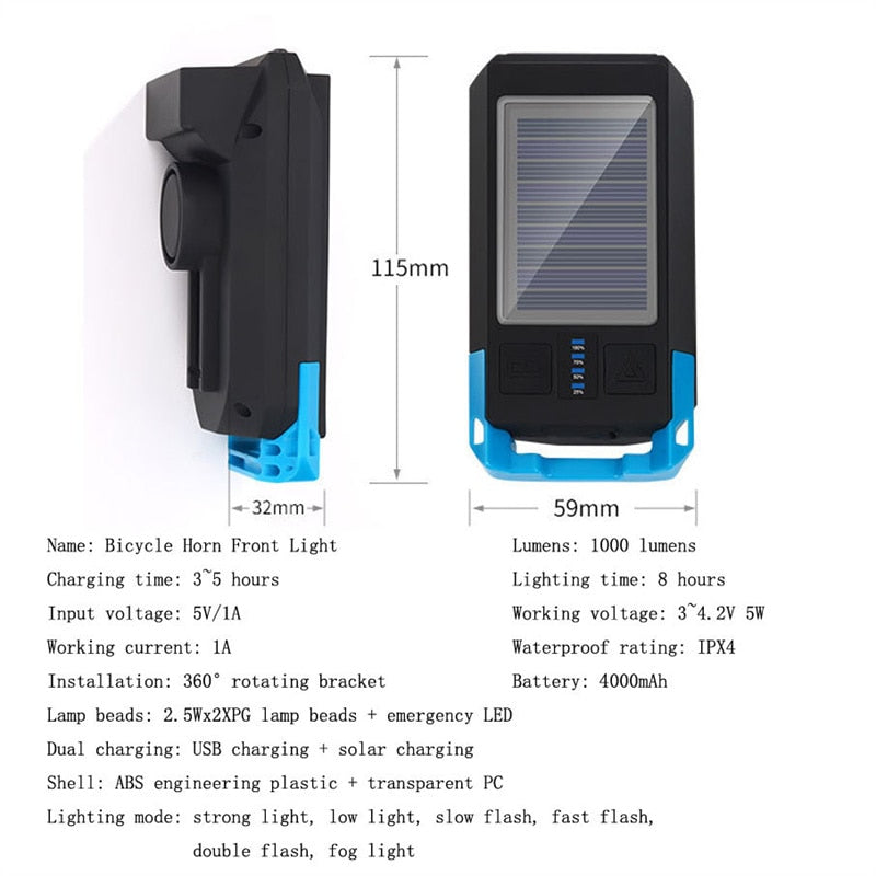 3 IN 1 LED Bike Light Front, 115mm 32mm 59mm Name Bicycle Horn Front Light