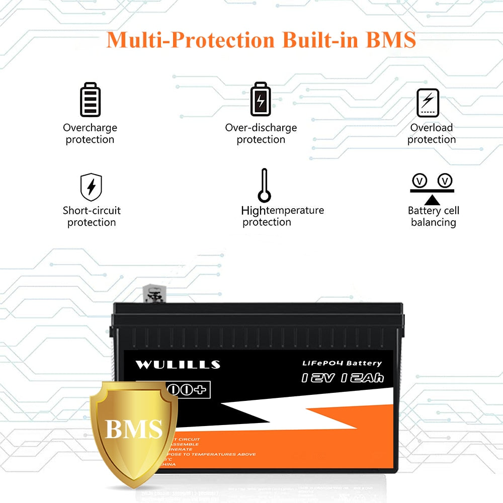 12V 12Ah LiFePo4 Battery Pack, Built-in BMS Overcharge Over-discharge Overload