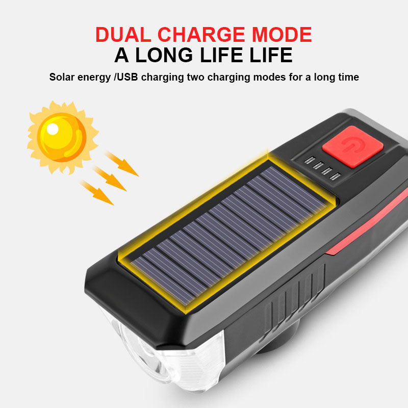 LY-17 Luz solar para bicicleta - Pantalla de energía recargable USB MTB Mountain Road Bike Lámpara delantera con bocina Linterna Luz para bicicleta