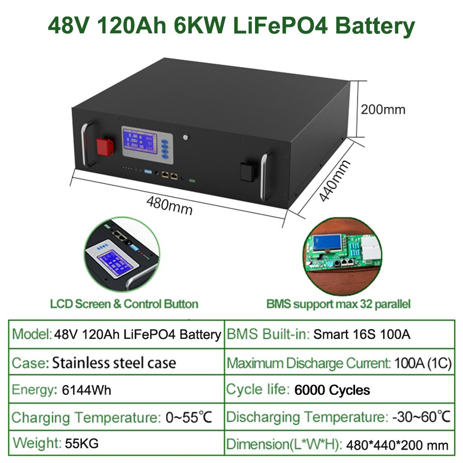 48V 120Ah 6KW LiFePO4 Battery 200