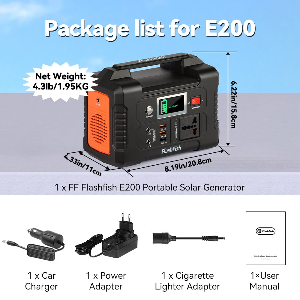 FF Flashfish E200, FF Flashfish E2OO Portable Solar Generator FlashFish
