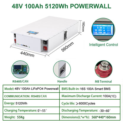 Powerwall 48V 100Ah 200Ah LiFePO4 Battery - 6000 Cycles 5Kw 10KW 16S 51.2V BMS RS485 CAN BUS PC Monitor For Off/On-Grid PV System