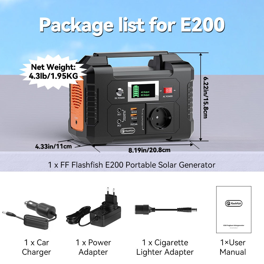 FF Flashfish E200, FF Flashfish E2OO Portable Solar Generator FlashFish [