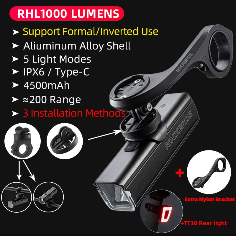 ROCKBROS D3-1000 Bike Front Light - IPX6 Rainproof Type-c Rechargeable Bicycle Light 1000LM Cycling Headlight LED Flashlight MTB Bike Lamp