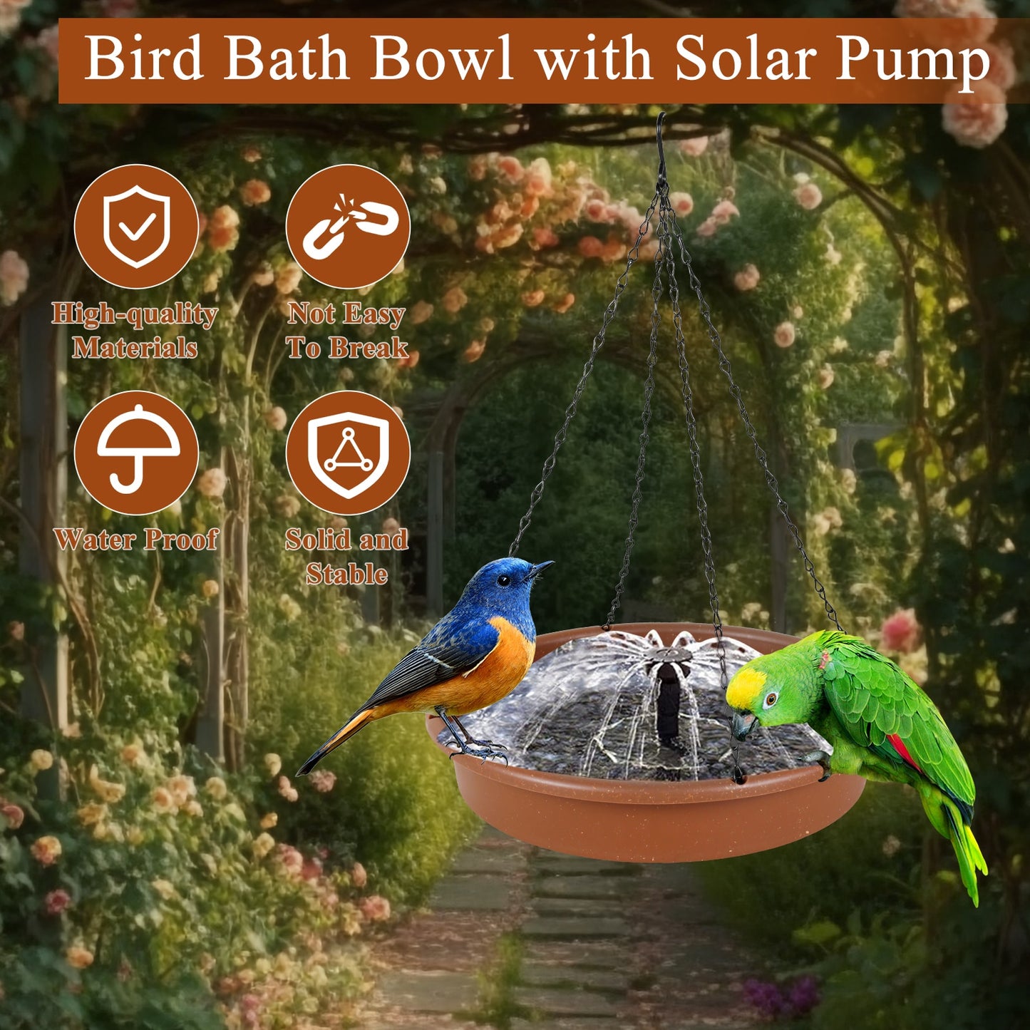 Solar Water Fountain with 6 Nozzles Waterproof Solar Powered Fountain Pump with Hanging Tray Hanging Bird Bath Fountain with