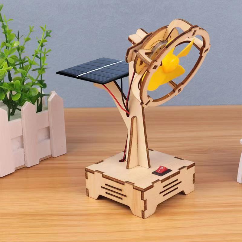 Children DIY Solar Powered Electric Fan Toy - Science Educational Physics Motor Circuit Device Kit Wooden Puzzle Sets Toys