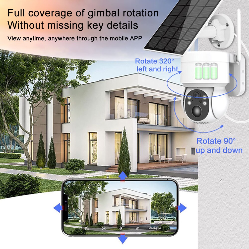 Cámara PTZ solar Wifi al aire libre 1080P PIR Detección humana Cámaras IP de vigilancia inalámbrica con panel solar 7800mAh Batería de recarga