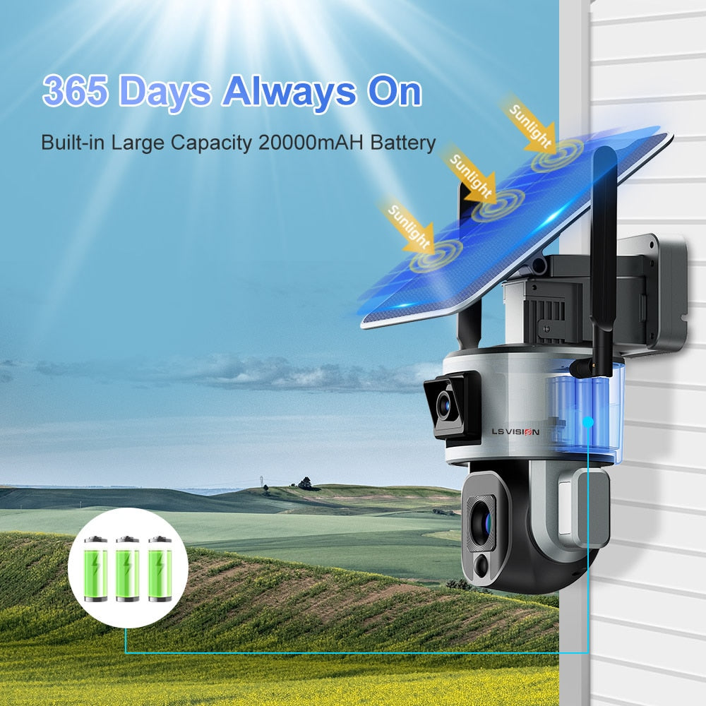 LS VISION LS-MS1-10X Câmera Solar - 4K 8MP HD Dual Lens 4G Câmera de Segurança Solar Outdoor 4X 10X Zoom Óptico Câmera WiFi Rastreamento Automático Câmera CCTV À Prova D' Água