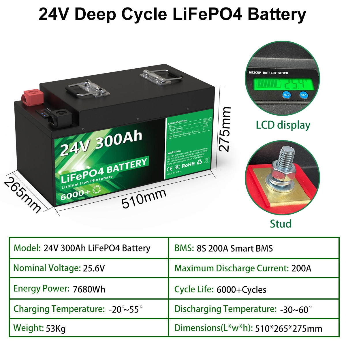 LiFePO4 24V 300Ah 200Ah 100Ah Battery Pack - 6000 Cycles 25.6V 7680Wh 8S 200A BMS RV Golf Cart Rechargeable Lithium Battery No Tax
