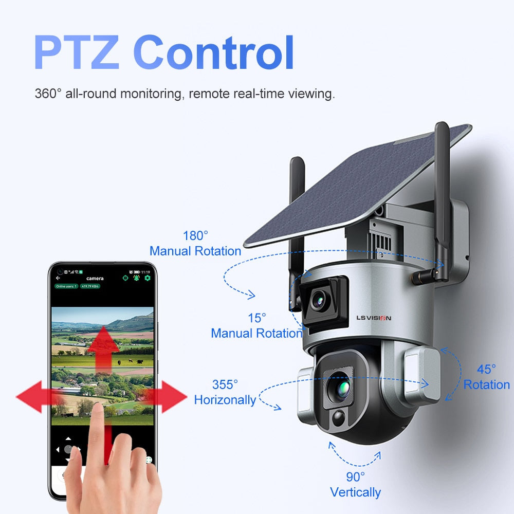 LS VISION LS-MS1-10X Câmera Solar - 4K 8MP HD Dual Lens 4G Câmera de Segurança Solar Outdoor 4X 10X Zoom Óptico Câmera WiFi Rastreamento Automático Câmera CCTV À Prova D' Água