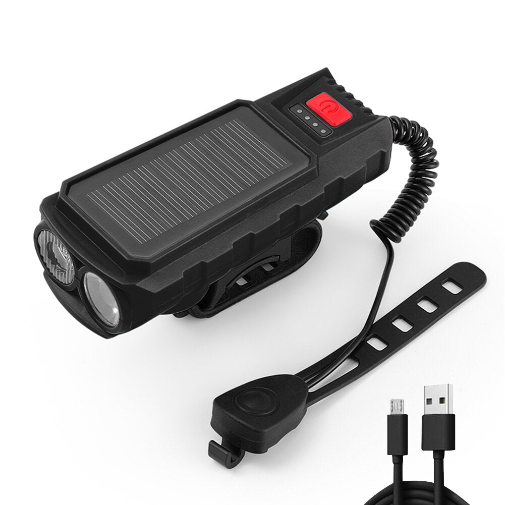 Solar USB Rechargeable Bicycle Headlight - Waterproof LED Headlight Bicycle Warning Lamp Power Display Cycling Accessories