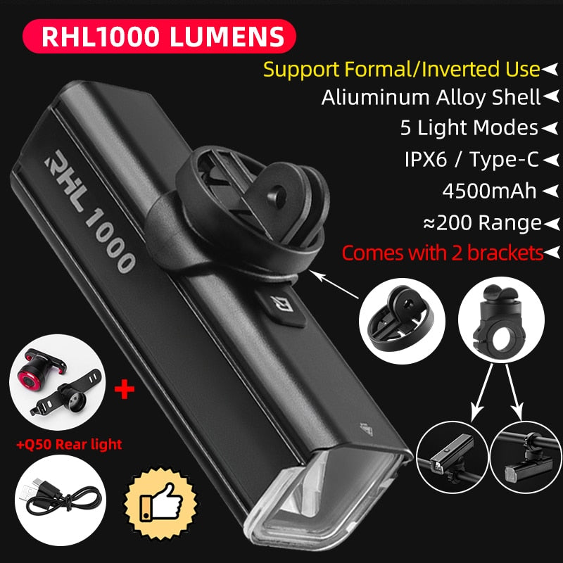 ROCKBROS D3-1000 Bike Front Light - IPX6 Rainproof Type-c Rechargeable Bicycle Light 1000LM Cycling Headlight LED Flashlight MTB Bike Lamp