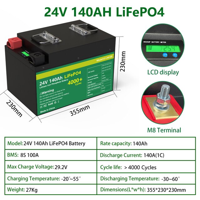 LiFePO4 24V 5KW Battery Pack - 29.2V 200AH Lithium Solar Battery 6000+ Cycles Max 32 Parallel With RS485/CAN Com For 24V Inverter
