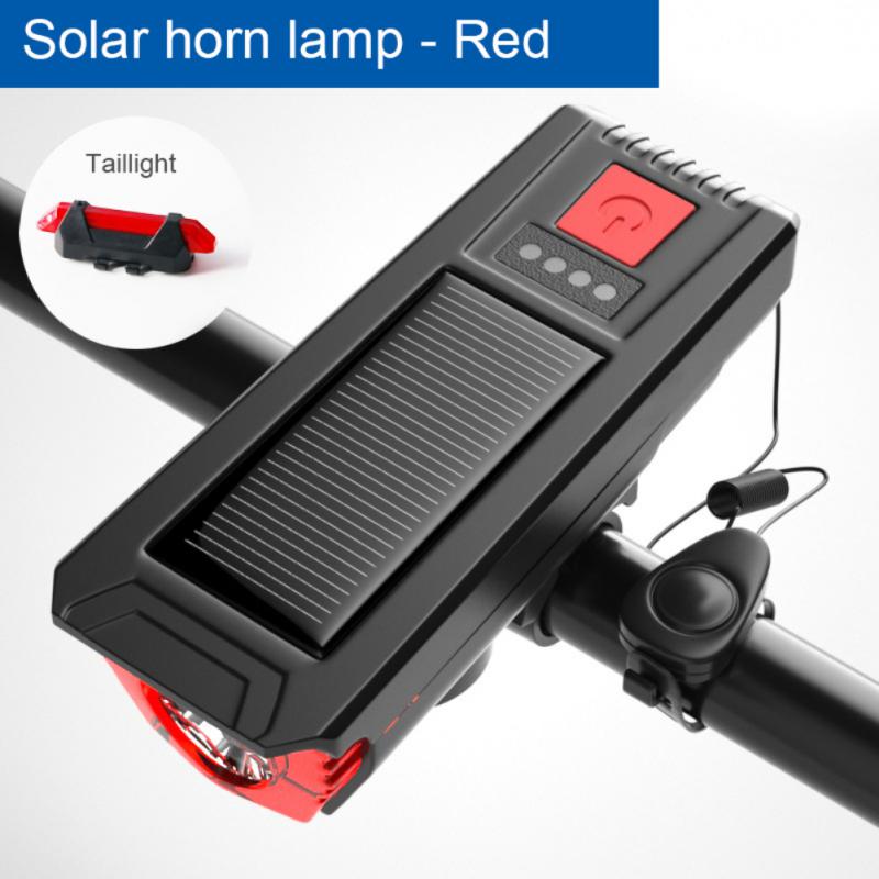 Lumière de vélo solaire multifonctionnelle avec klaxon - Lanterne de vélo de route VTT Lampe rechargeable USB Phare de vélo Accessoires de vélo