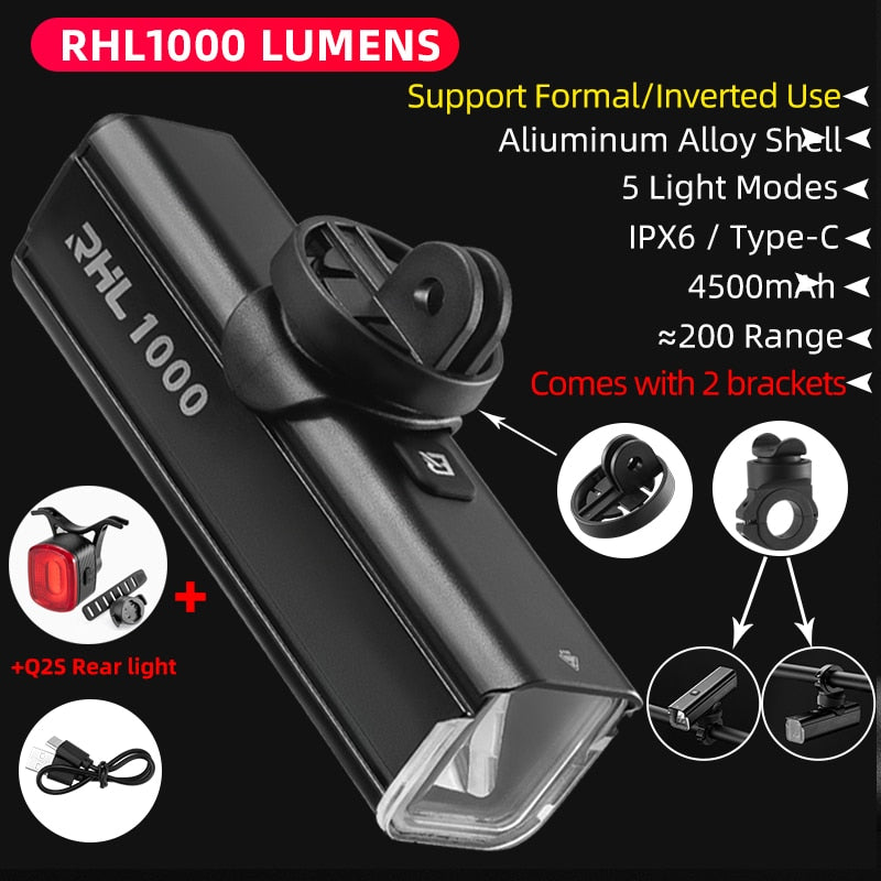 ROCKBROS D3-1000 Bike Front Light - IPX6 Rainproof Type-c Rechargeable Bicycle Light 1000LM Cycling Headlight LED Flashlight MTB Bike Lamp