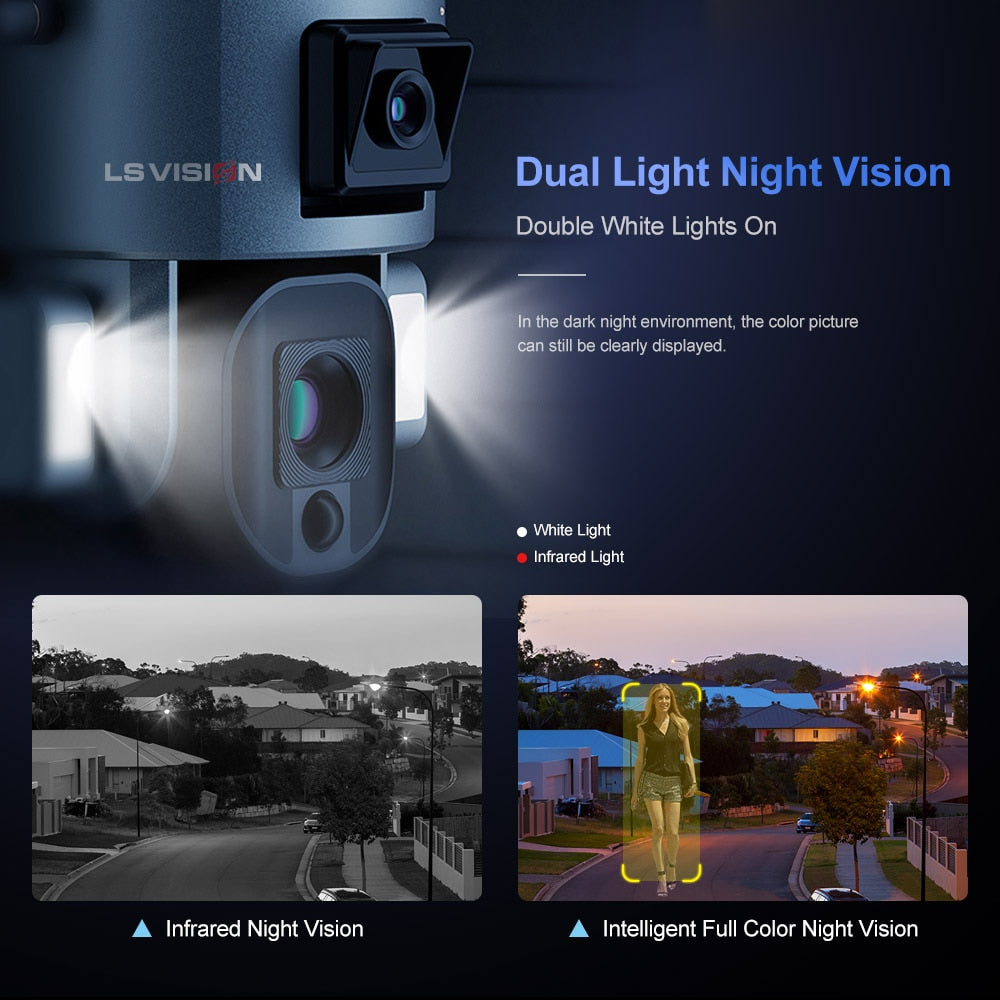 LS VISION LS-MS1-10X Câmera Solar - 4K 8MP HD Dual Lens 4G Câmera de Segurança Solar Outdoor 4X 10X Zoom Óptico Câmera WiFi Rastreamento Automático Câmera CCTV À Prova D' Água