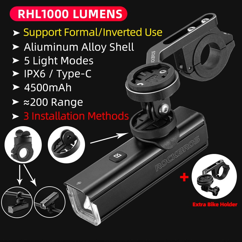 ROCKBROS D3-1000 Bike Front Light - IPX6 Rainproof Type-c Rechargeable Bicycle Light 1000LM Cycling Headlight LED Flashlight MTB Bike Lamp