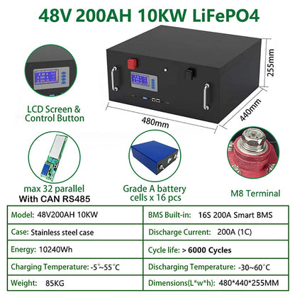 LiFePO4 48V 200AH 10KW Battery Pack - Lithium Solar Battery 6000+ Cycles RS485 CAN Bus Max 32 Parallel For Inverter LiFePO4 200AH