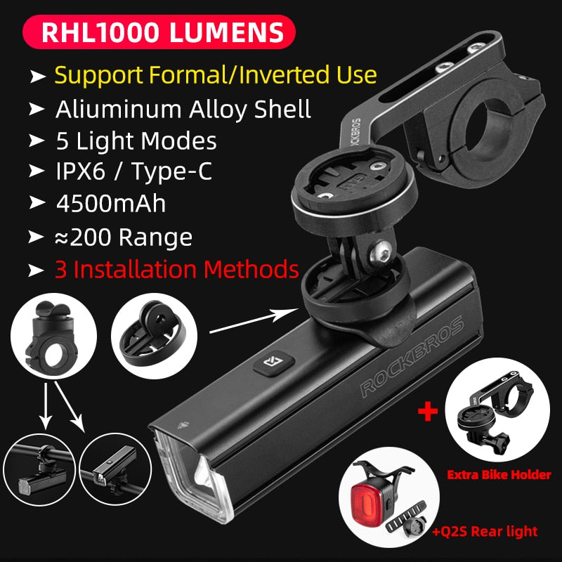 ROCKBROS D3-1000 Bike Front Light - IPX6 Rainproof Type-c Rechargeable Bicycle Light 1000LM Cycling Headlight LED Flashlight MTB Bike Lamp