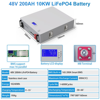 Powerwall 48V 200AH 10KW LiFePO4 Batttery Pack - 6000+ Cycles With RS485 CAN COM Max 16 Parallel For Off/On-Grid Solar Inverter
