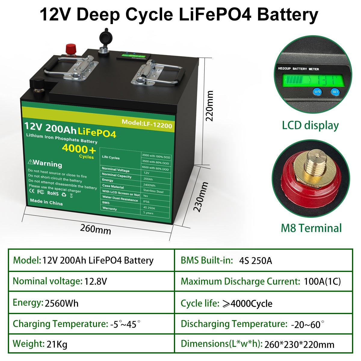 12V 2O0Ah LiFePO4 Battery H