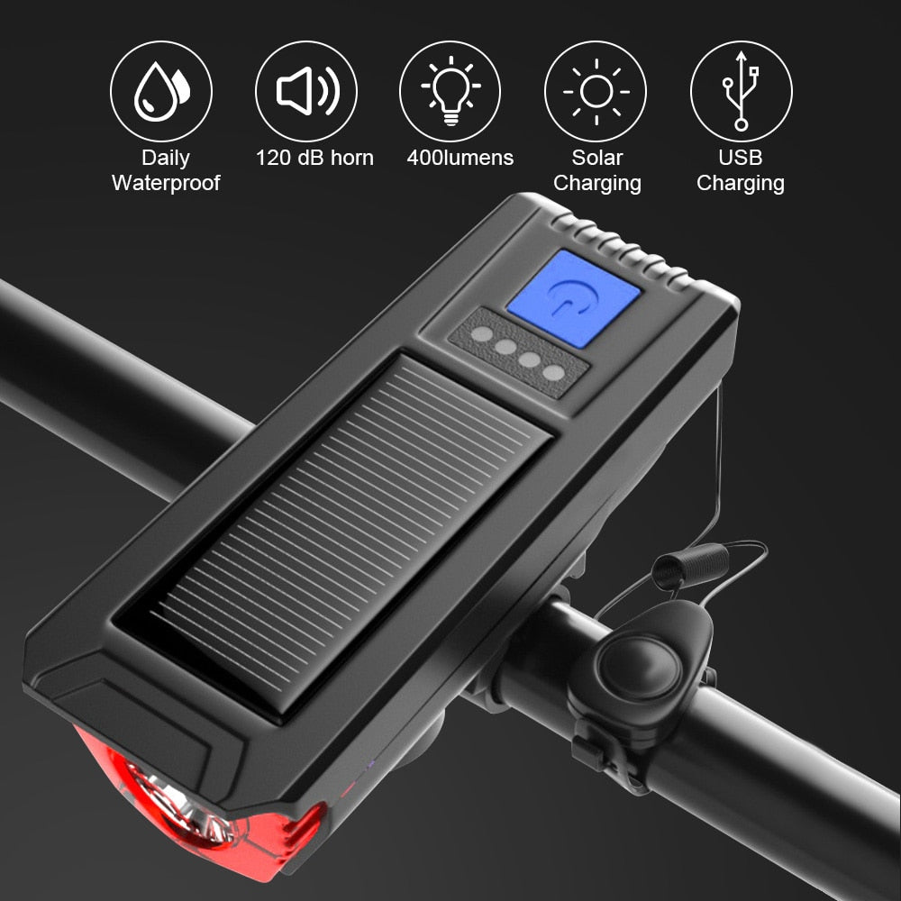 Lumière de vélo solaire multifonctionnelle avec klaxon - Lanterne de vélo de route VTT Lampe rechargeable USB Phare de vélo Accessoires de vélo