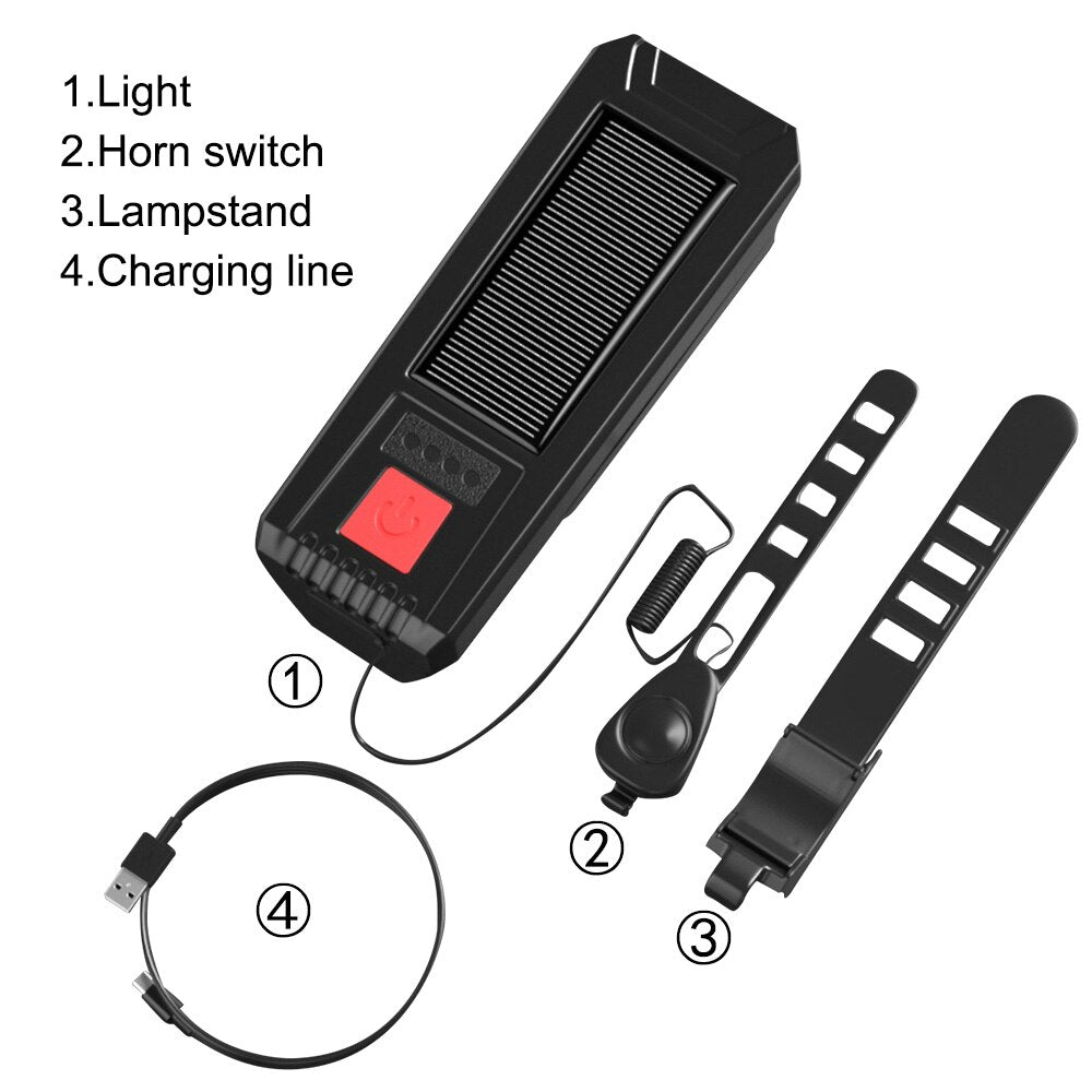 Lumière de vélo solaire multifonctionnelle avec klaxon - Lanterne de vélo de route VTT Lampe rechargeable USB Phare de vélo Accessoires de vélo