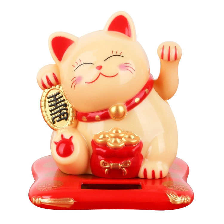 Solar Powered Maneki Neko Lucky Cat - Welcoming Chinese Lucky Cat Waving Hand Beckoning Fortune Cat Figurines For Home Decor