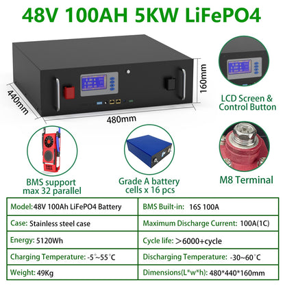 LiFePO4 48V 100AH 180AH Battery Pack - 5KW 9KW Lithium Battery 6000+ Cycles Max 32 Parallel Compatible With Inverter For Solar UPS