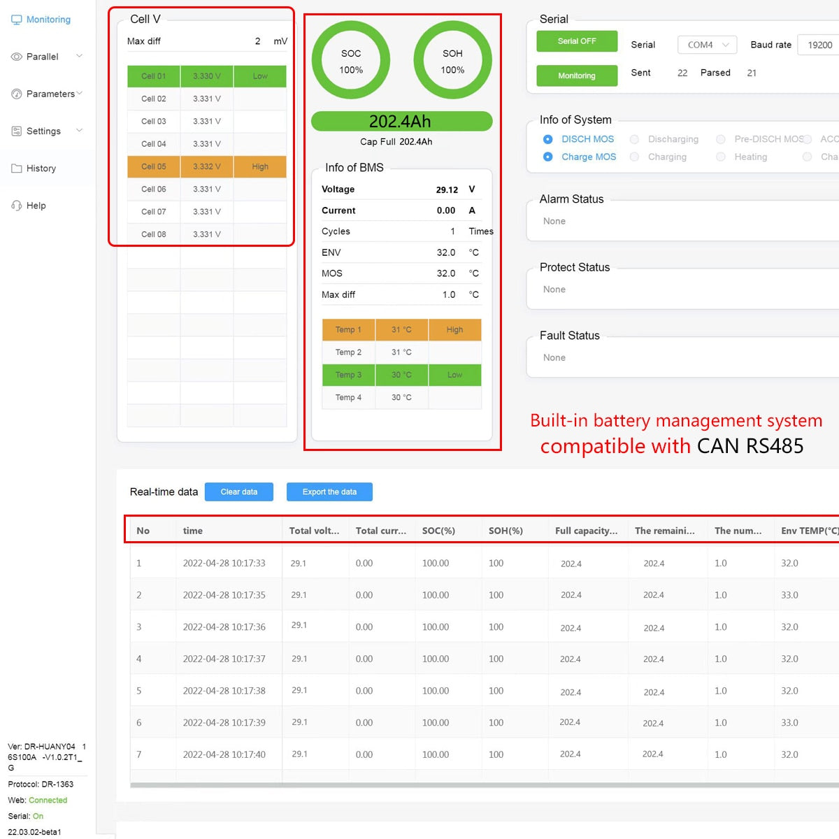 LiFePO4 24V 5KW Battery Pack - 29.2V 200AH Lithium Solar Battery 6000+ Cycles Max 32 Parallel With RS485/CAN Com For 24V Inverter
