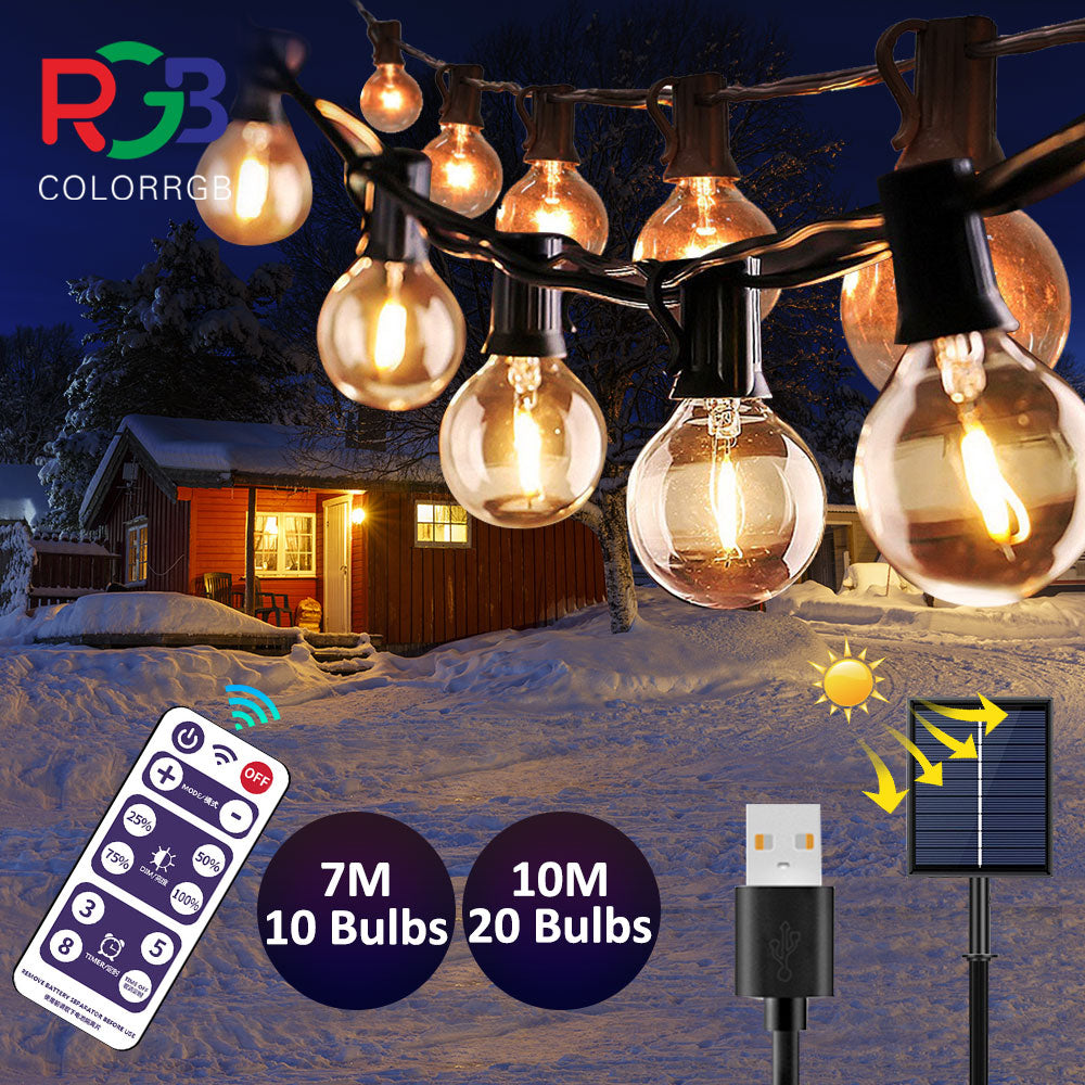 10M  20 LEDS  G40 Solar String Lights Outdoor Patio Lights Solar & USB Powered Waterproof Globe Hanging Lights with Shatterproof