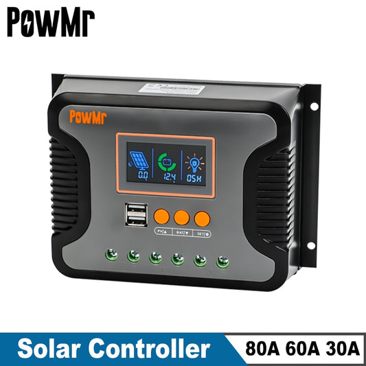 PowMr PWM 80A 60A 30A Solar Charge Controller 12V 24V 36V 48V Lead-Acid Lithium Battery Charger Max PV 100V Dual Control Mode