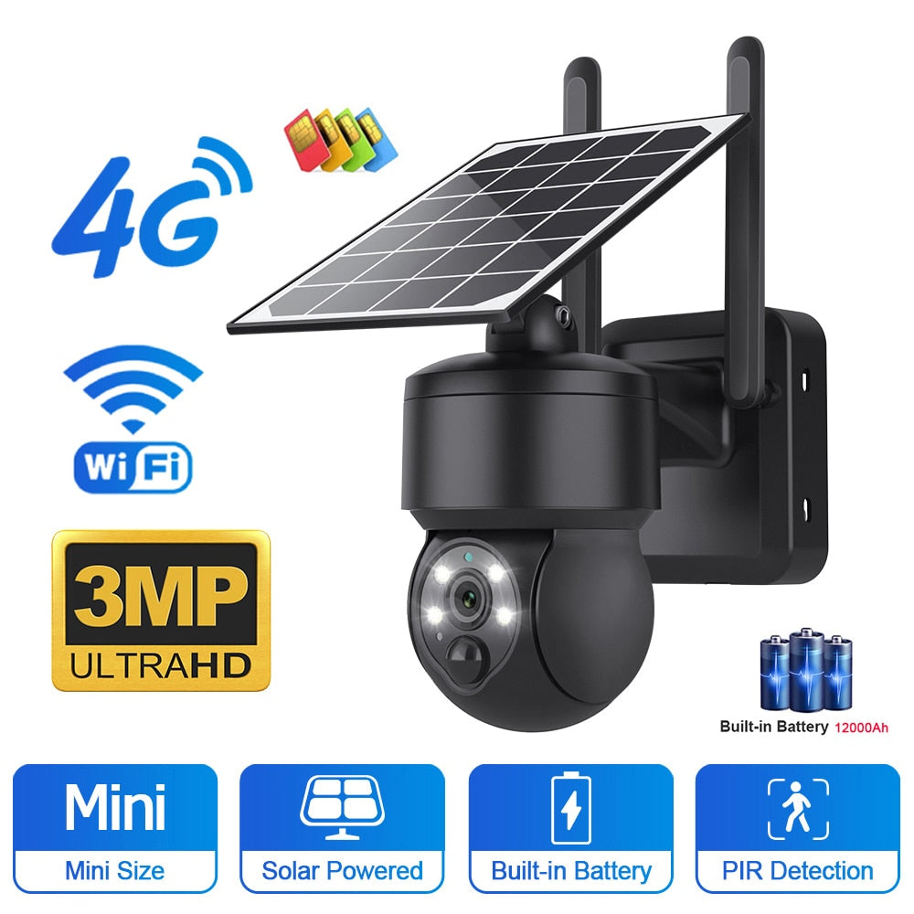 WIFI sem fio PTZ câmera solar 4G SIM 3MP painel solar externo áudio bidirecional proteção de segurança câmera CCTV bateria cam