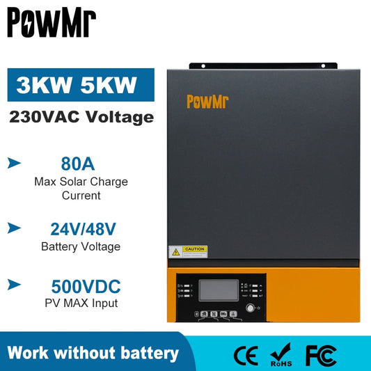 PowMr 5000W 3000W Hybrid Solar Inverter 48V 24V 220V Pure Sine Wave Inverter with MPPT 80A Solar Charger Max PV Input 500VDC