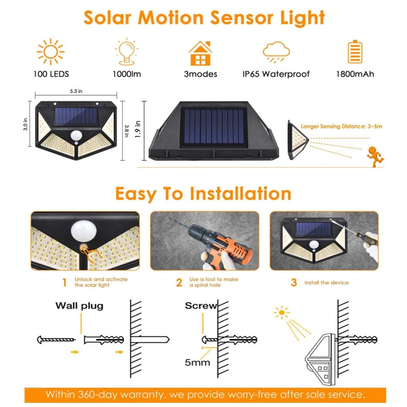 Newest Solar Lights Outdoor 100 LED Solar Sensor Motion Light 3 Modes Outdoor Solar Wireless Lamp IP65 Waterproof Wall Lights