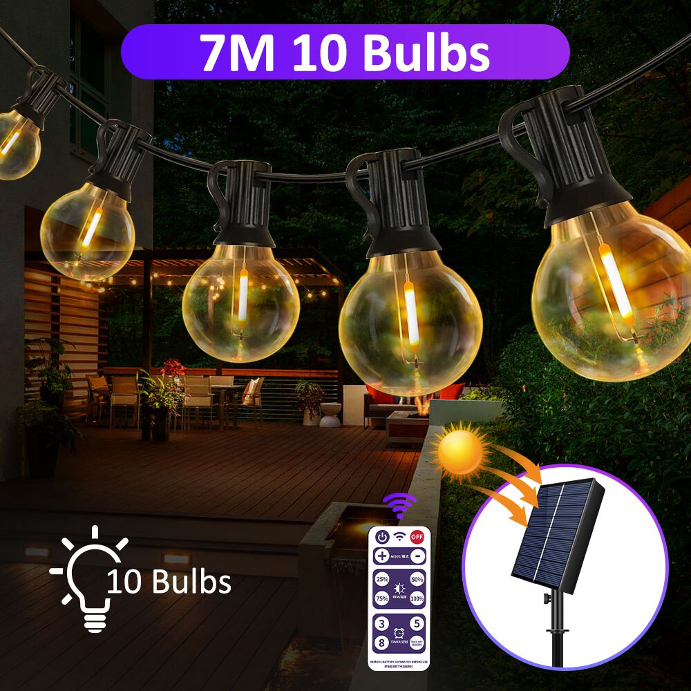 10M  20 LEDS  G40 Solar String Lights Outdoor Patio Lights Solar & USB Powered Waterproof Globe Hanging Lights with Shatterproof