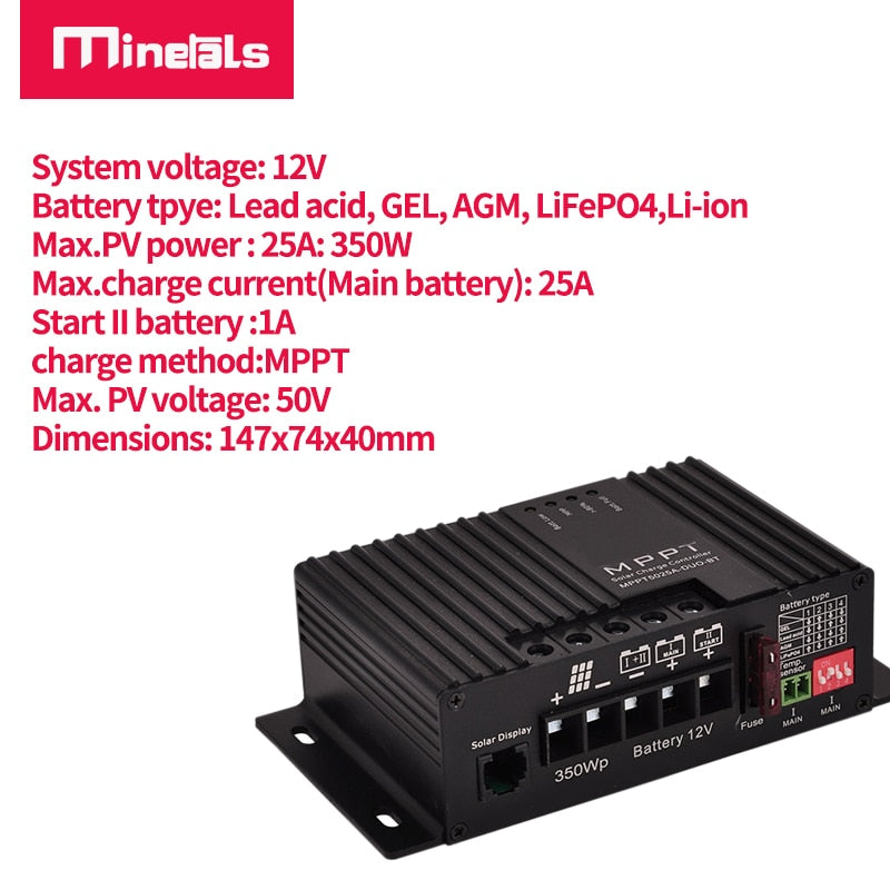 MPPT Controller 12v 25a Support Bluetooth APP Smart Solar Charging Controller Dual battery MPPT Solar Regulator For RV Regulator
