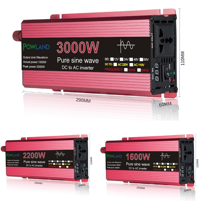 Inversor de onda senoidal pura DC 12V 24V para AC 110V 220V Tensão 1000W 1600W 2200W 3000W Transformador Conversor de energia Solar Car Inverte