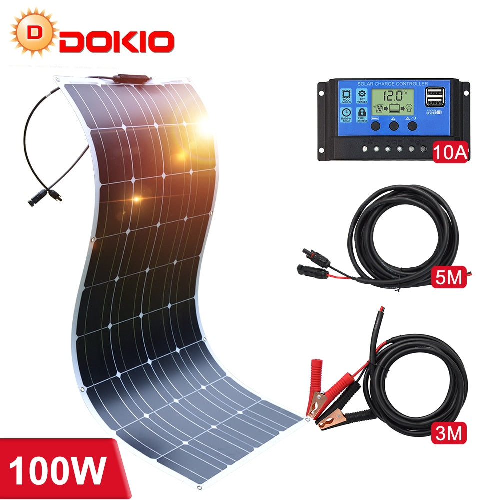 Dokio 18V Monocrystalline 100W Flexible Solar Panel For Car/Boat/ Home Solar Charge 12V Waterproof Solar Panel China