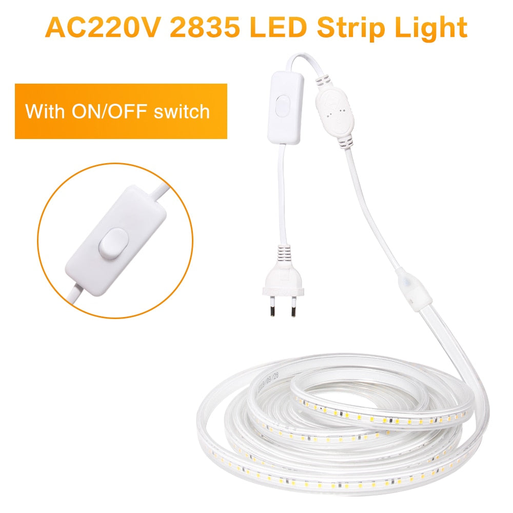 LED Strip Light 220V 2835 Waterproof led strip High Brightness 120LEDs/m Flexible Kitchen Outdoor Garden LED Light With Switch