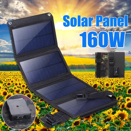 160W Foldable Solar Panel 5V Portable Battery Charger USB Port Outdoor Waterproof Power Bank for Phone PC Car RV Boat