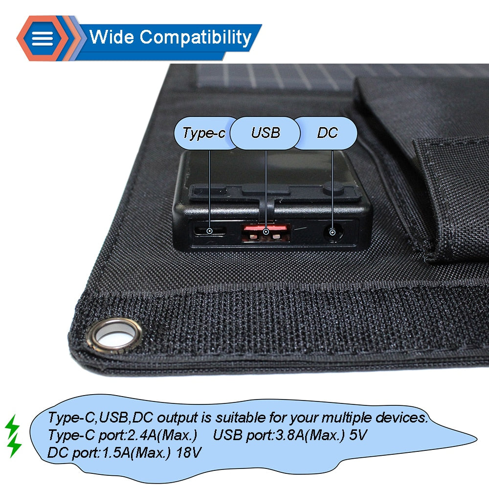 Caricatore per pannello solare portatile aggiornato 28W 21W 14W Doppio USB 5V 18V DC Pannello solare pieghevole da campeggio per carica telefono Power Bank