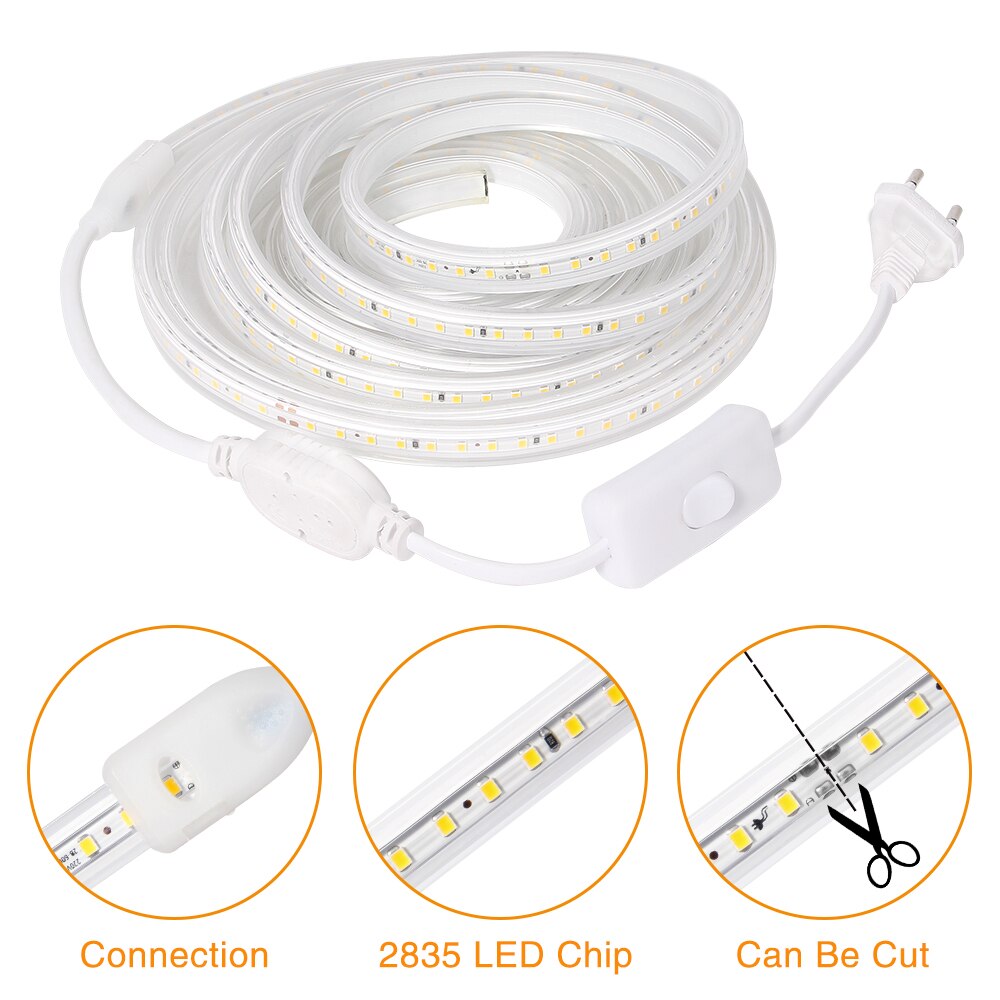 LED Strip Light 220V 2835 Waterproof led strip High Brightness 120LEDs/m Flexible Kitchen Outdoor Garden LED Light With Switch