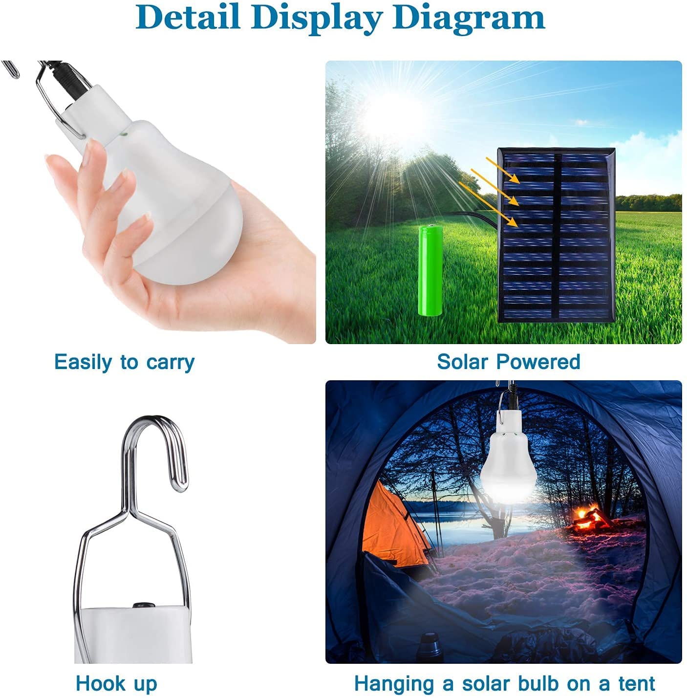 LED Solar Bulb Light Waterproof Outdoor 5V USB Charged Hanging Emergency Sunlight Powered Lamp Portable Powerful Indoor House