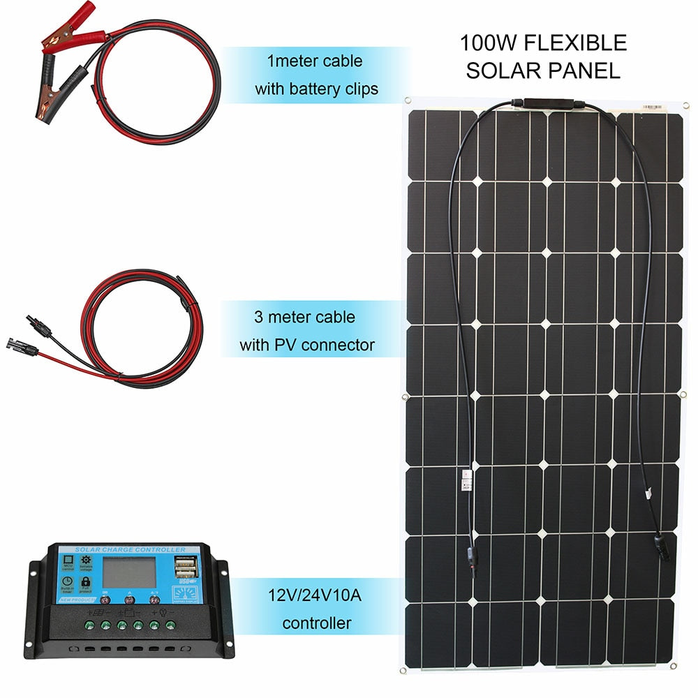 12v flexible solar panel, 100W FLEXIBLE Imeter cable V with battery clips SO