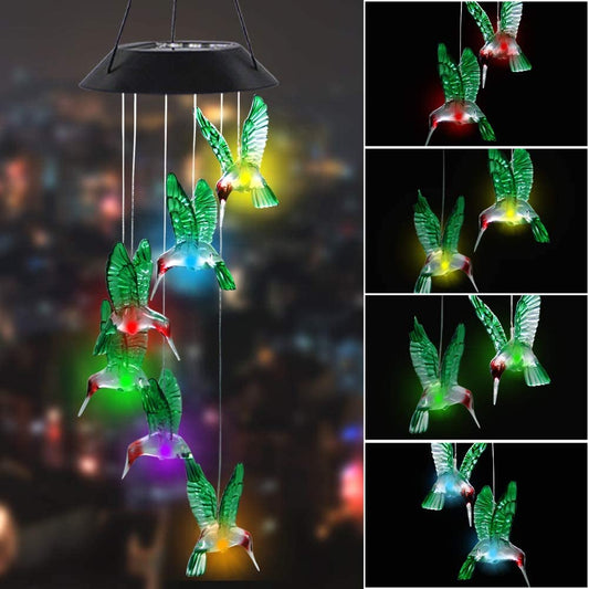 Color Changing Solar Power Wind Chime Hummingbird Angel Butterfly Waterproof Outdoor Decoration Light for Patio Yard Garden