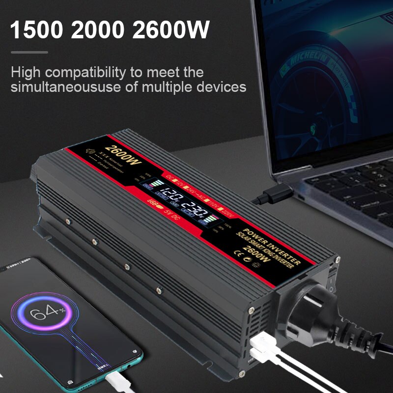 Solar-Wechselrichter, 12 V, 220 V, Wechselrichter, 1500 W, 2000 W, 2600 W, modifizierte Sinuswelle, LCD-Display, 2 USB-Autotransformatoren, Konvertierung in EU-Buchse