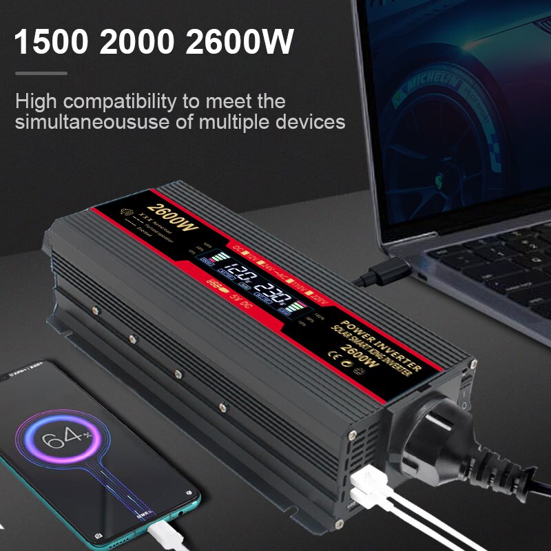 Solar Inverter 12v 220v Power Inverter 1500W 2000W 2600W Modified Sine Wave LCD Display 2 USB Car Transformer Convert EU Socket