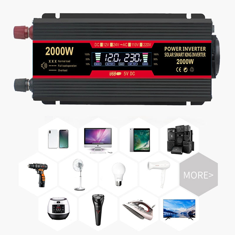 Solar-Wechselrichter, 12 V, 220 V, Wechselrichter, 1500 W, 2000 W, 2600 W, modifizierte Sinuswelle, LCD-Display, 2 USB-Autotransformatoren, Konvertierung in EU-Buchse